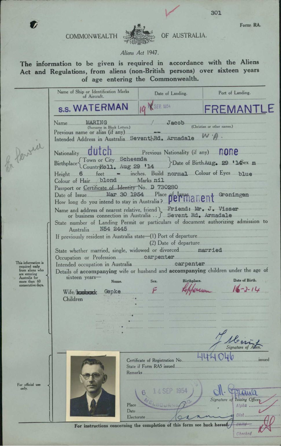 jacob maring aankomst australi� on 19 Sep 1954.